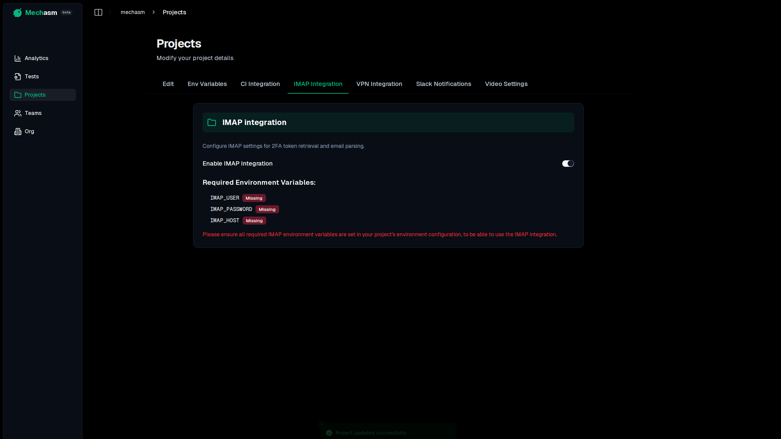 IMAP Integration Settings