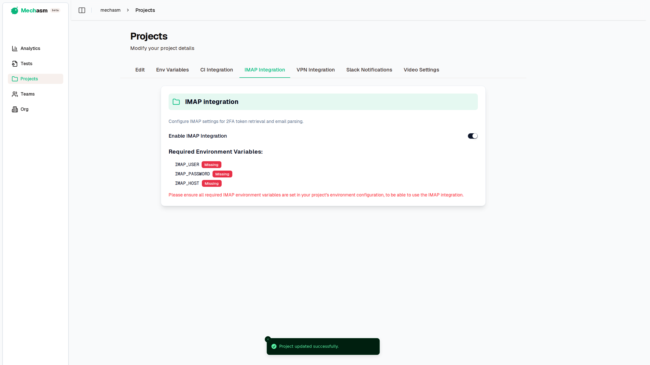 IMAP Integration Settings