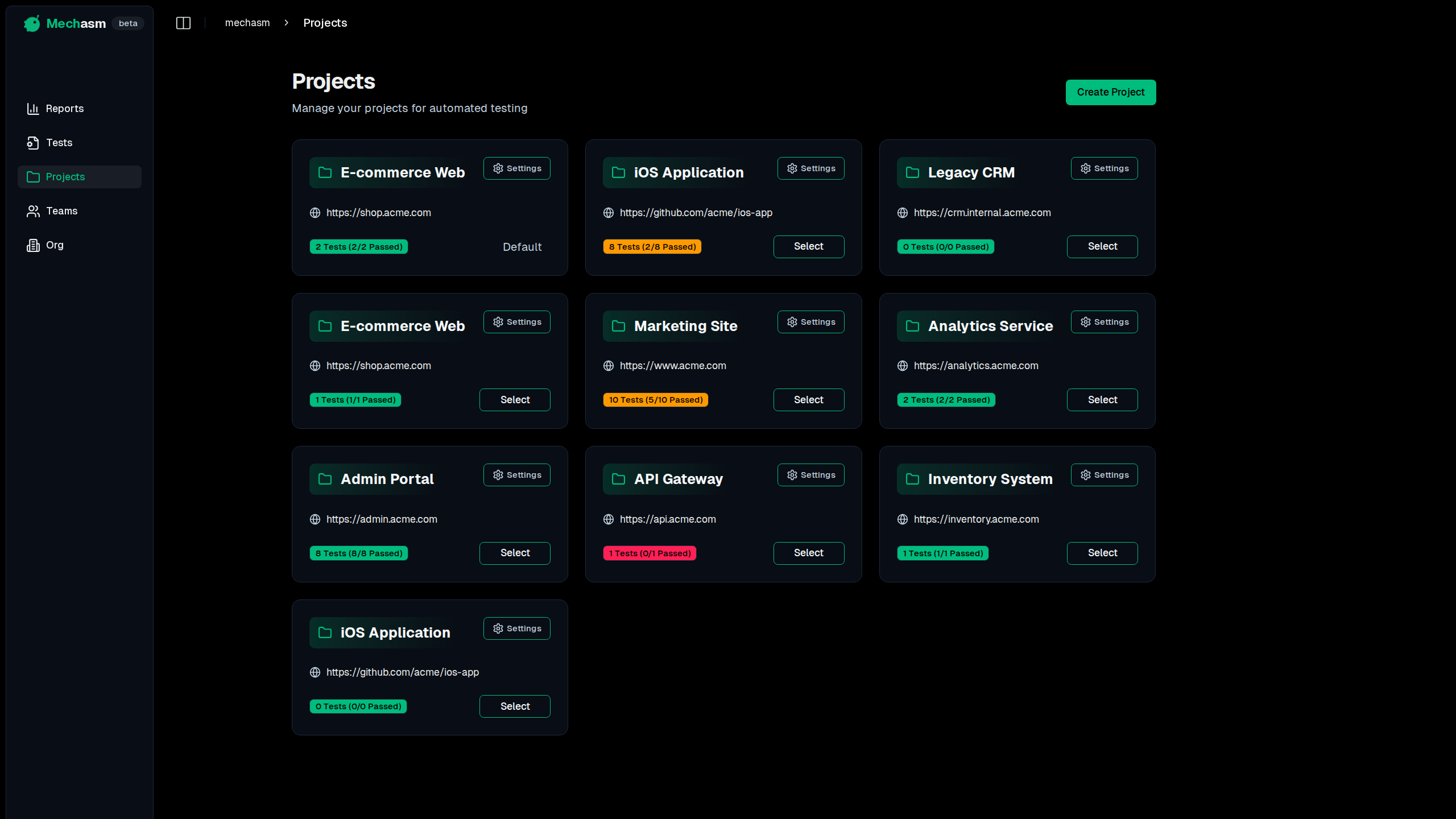 Projects Overview Page