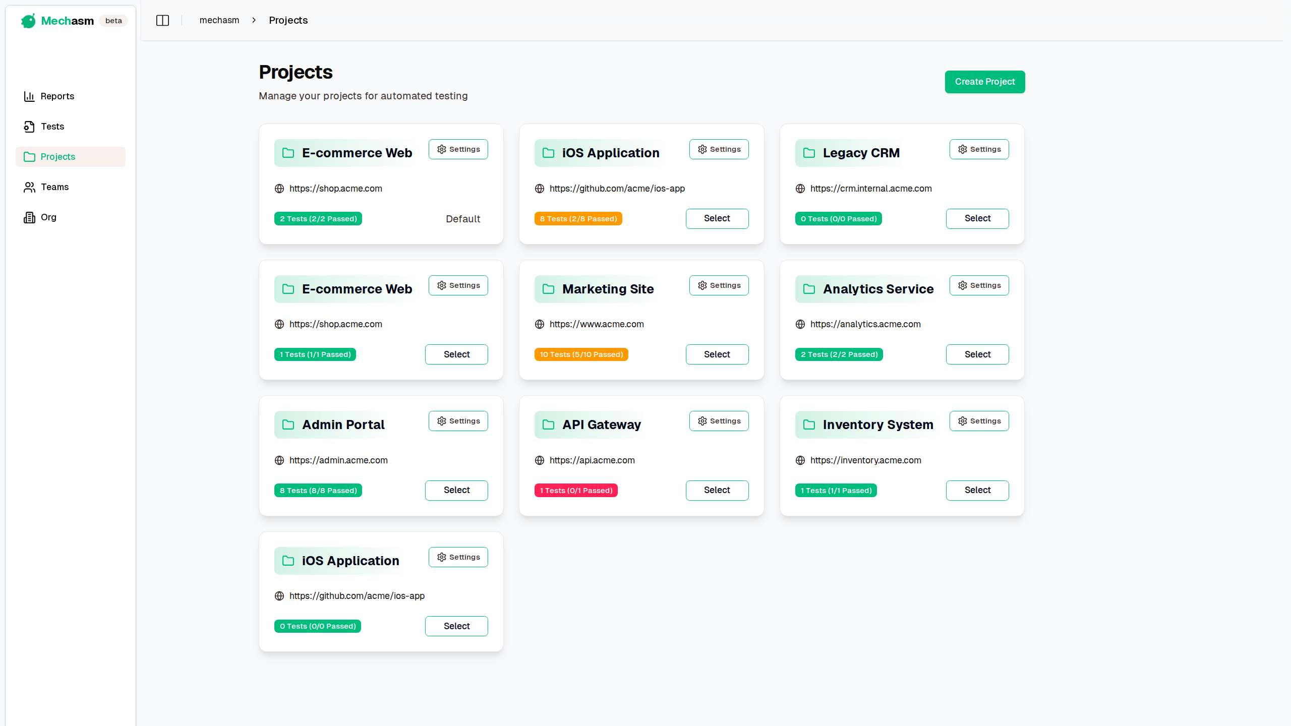 Projects Overview Page