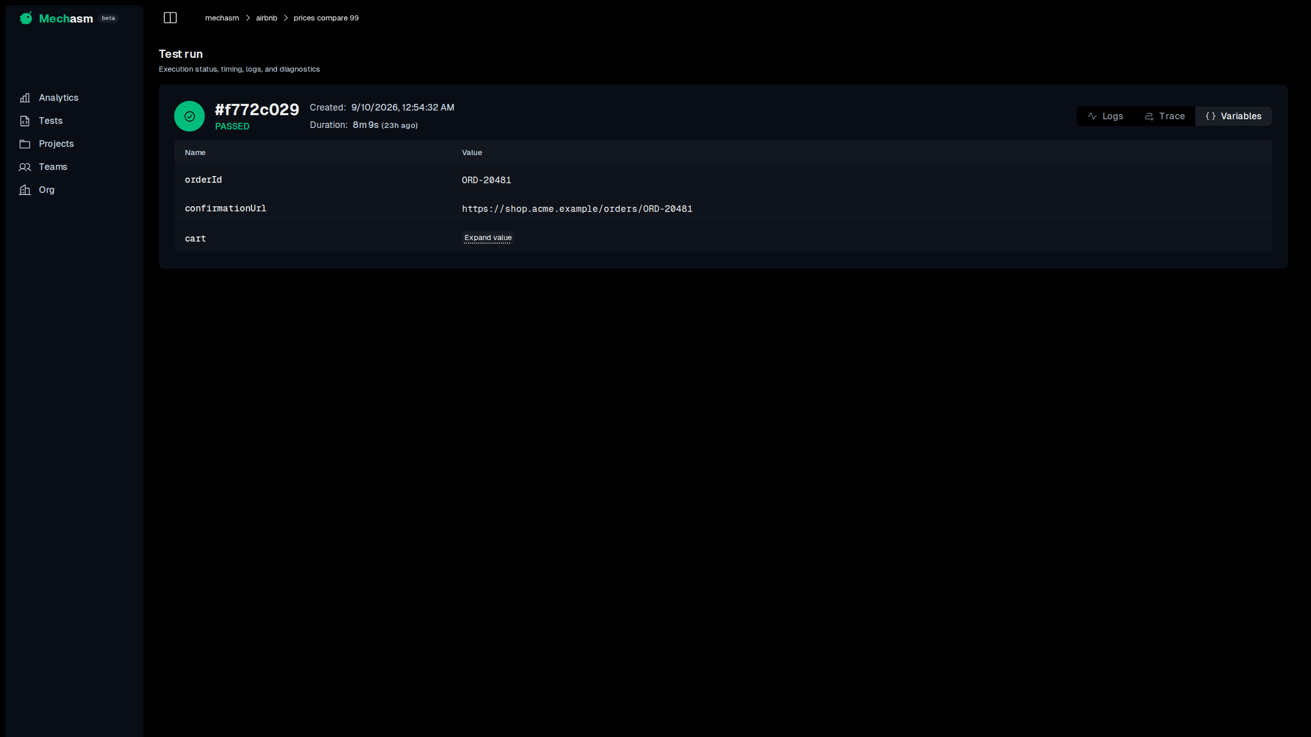 Runtime variables captured for a test run
