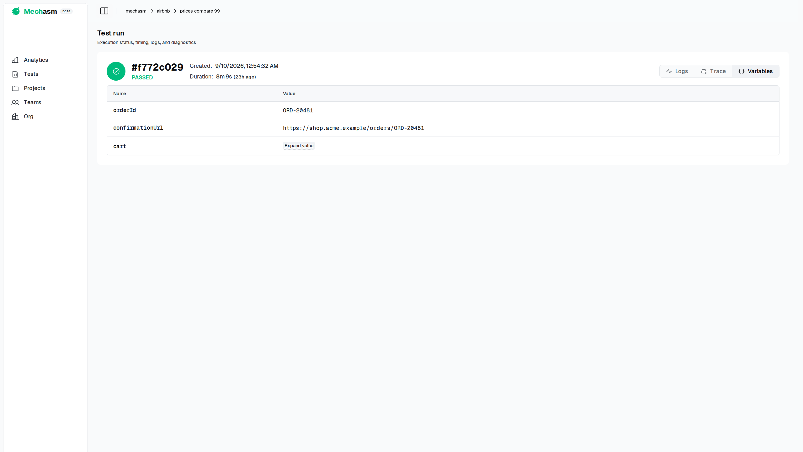 Runtime variables captured for a test run