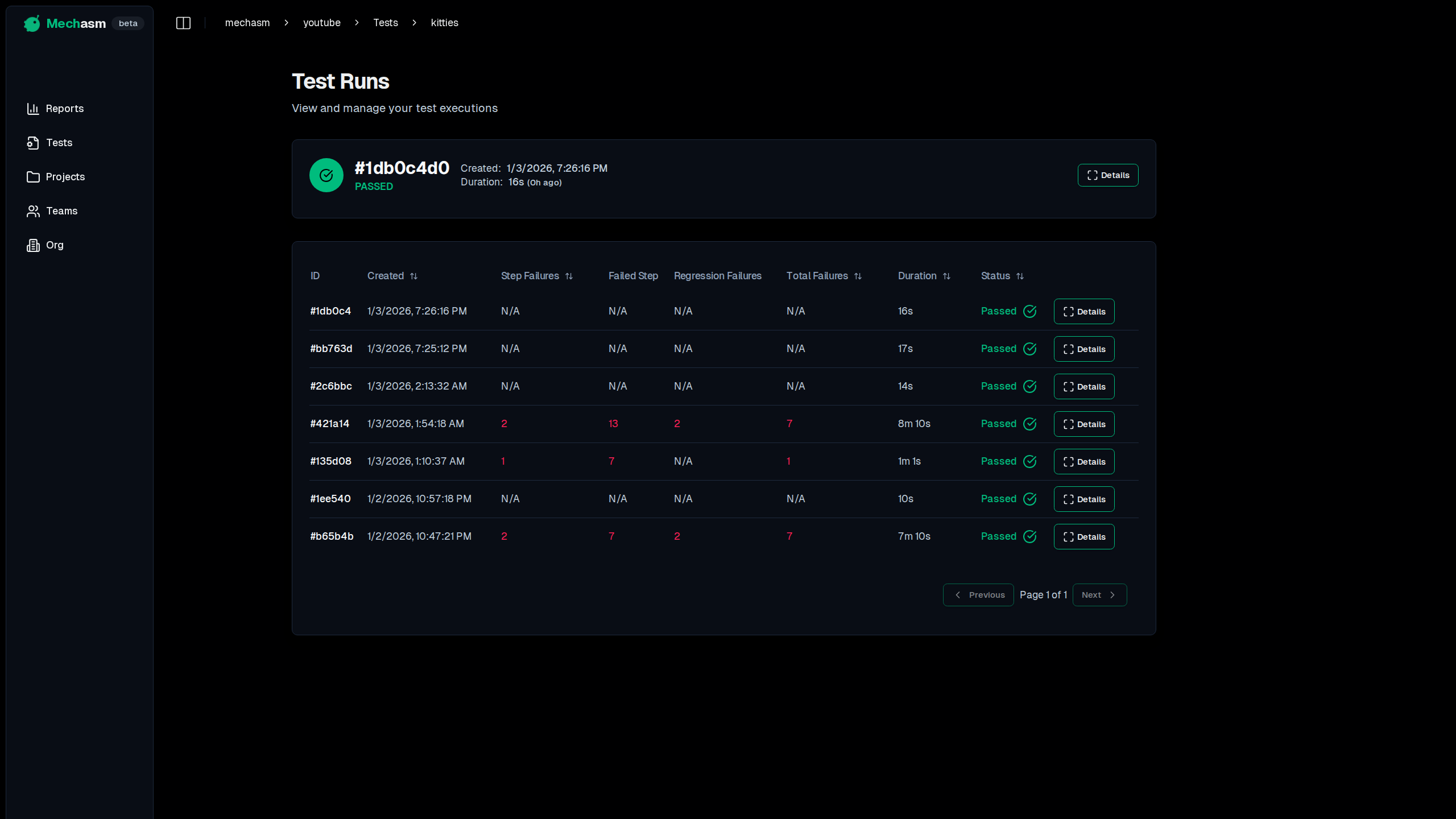 View Test Runs Button