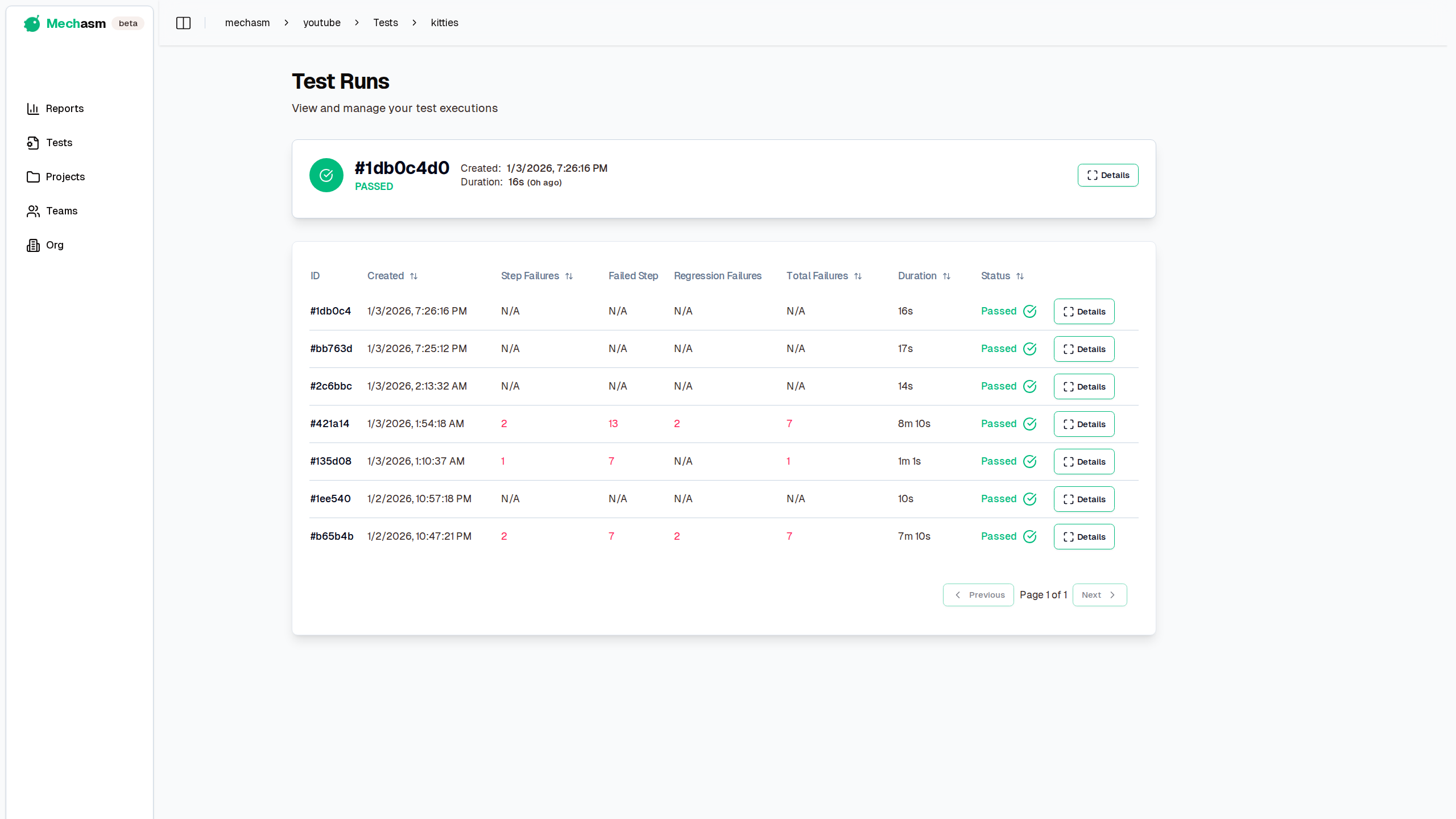 View Test Runs Button