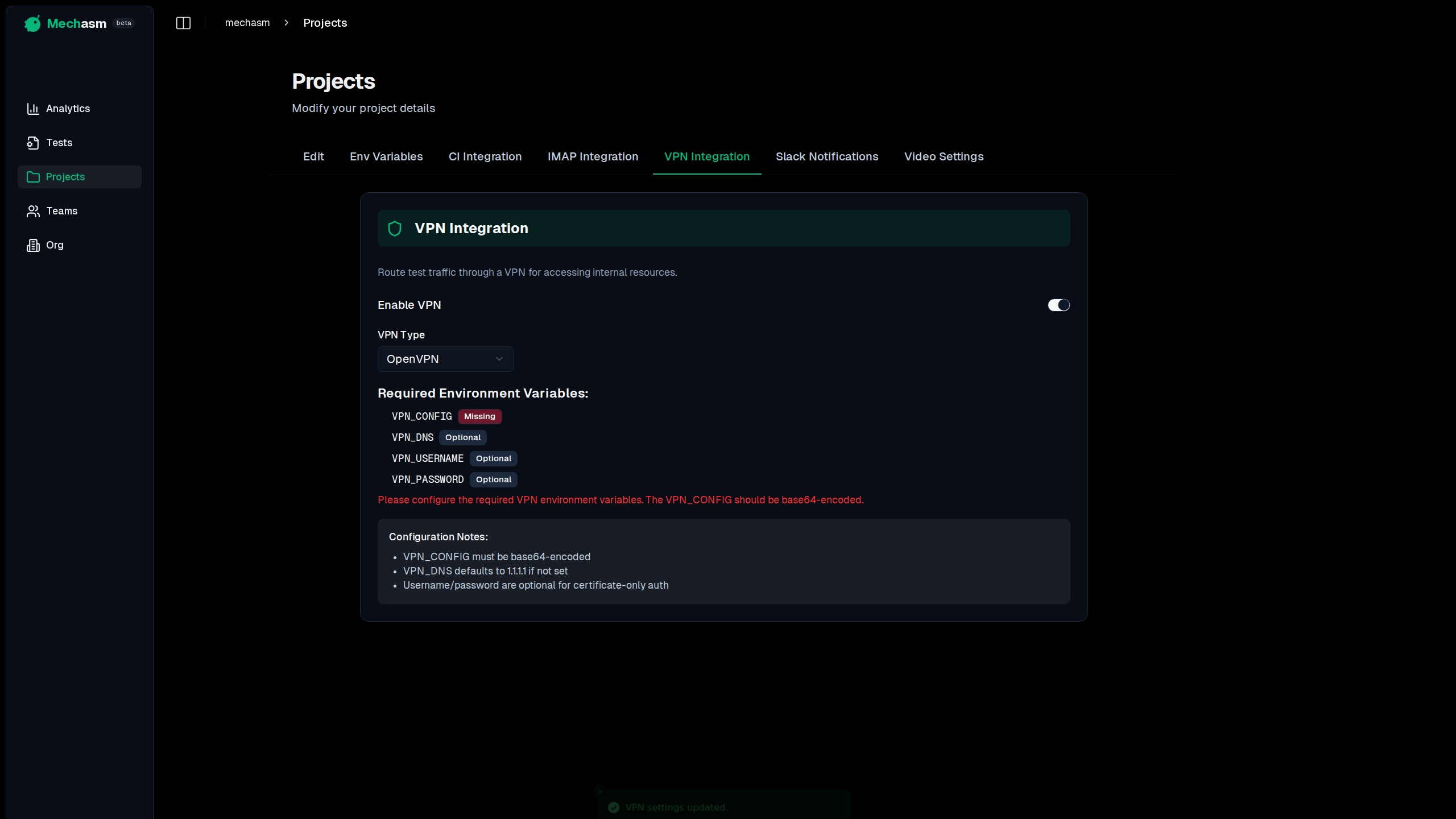 VPN Integration Settings