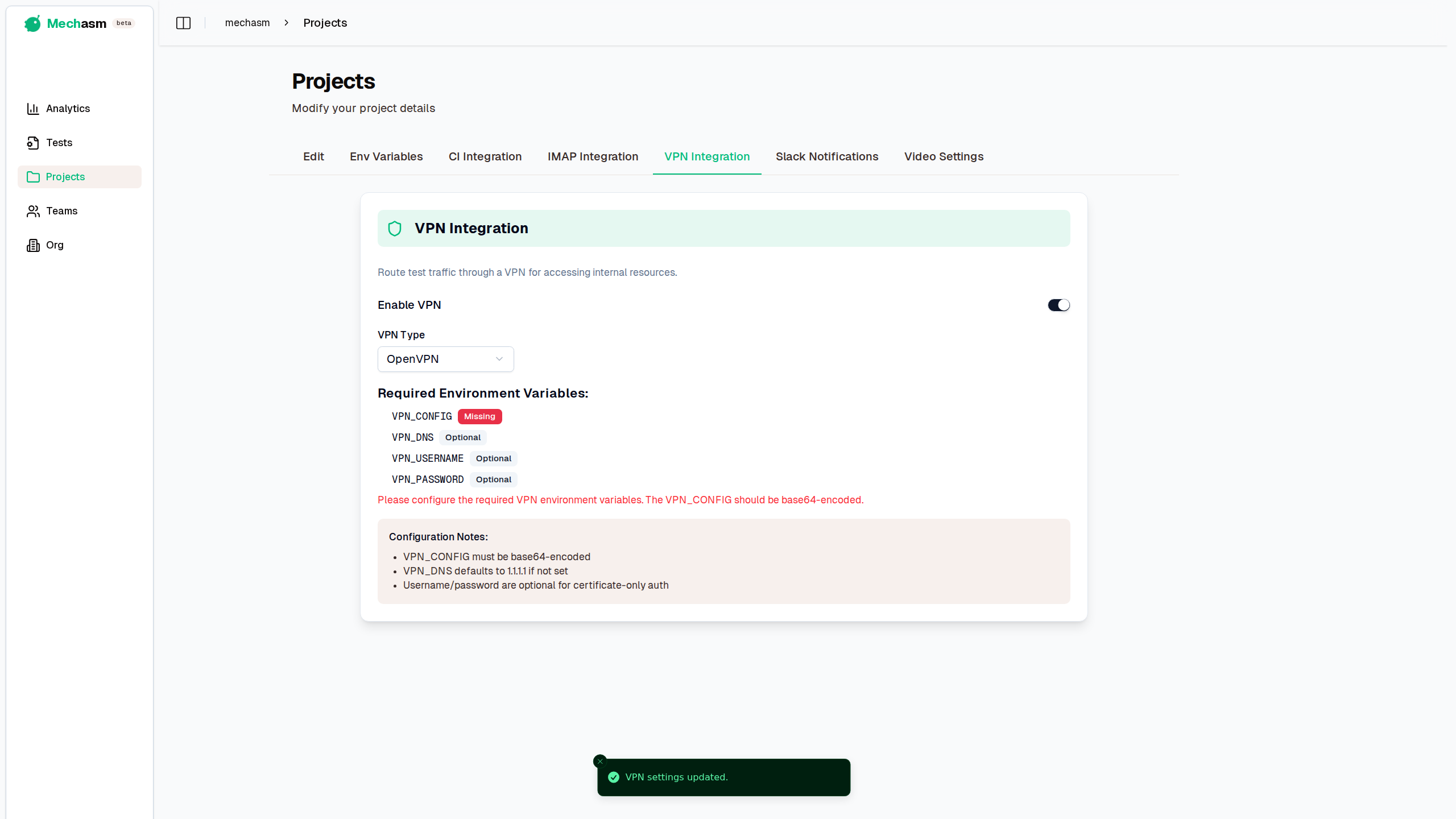 VPN Integration Settings